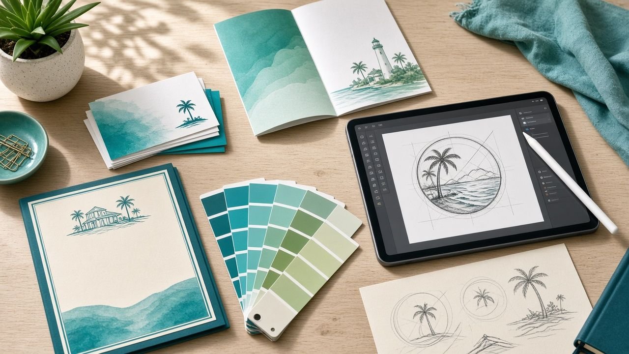 Graphic design desk with palm tree logo sketches on a tablet, business cards, a brochure, letterhead and teal color swatches for a Bradenton business