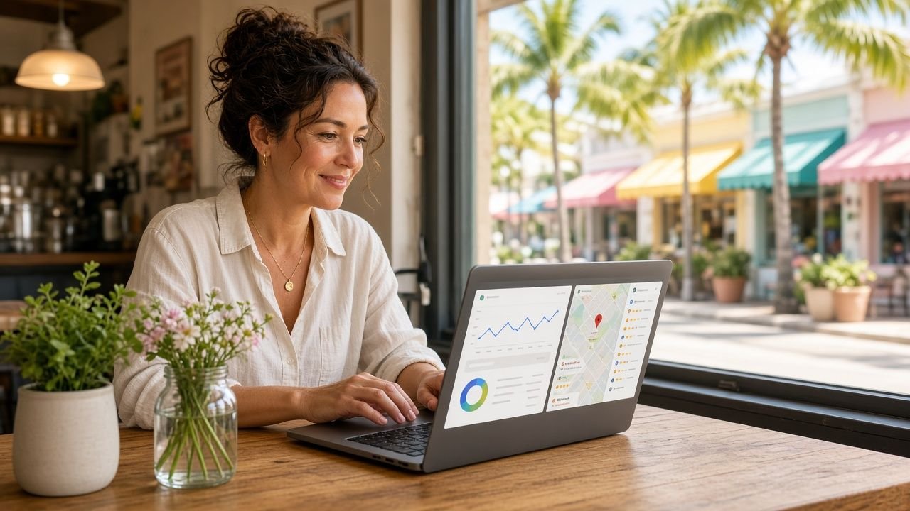 Bradenton small business owner reviewing local search results and marketing reports on a laptop in a sunny café with palm trees and colorful shopfronts outside