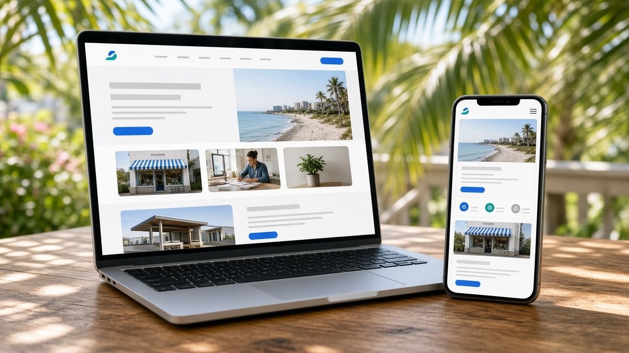 Mobile-friendly local business website shown on a laptop and a smartphone on a wooden table with palm fronds in the background